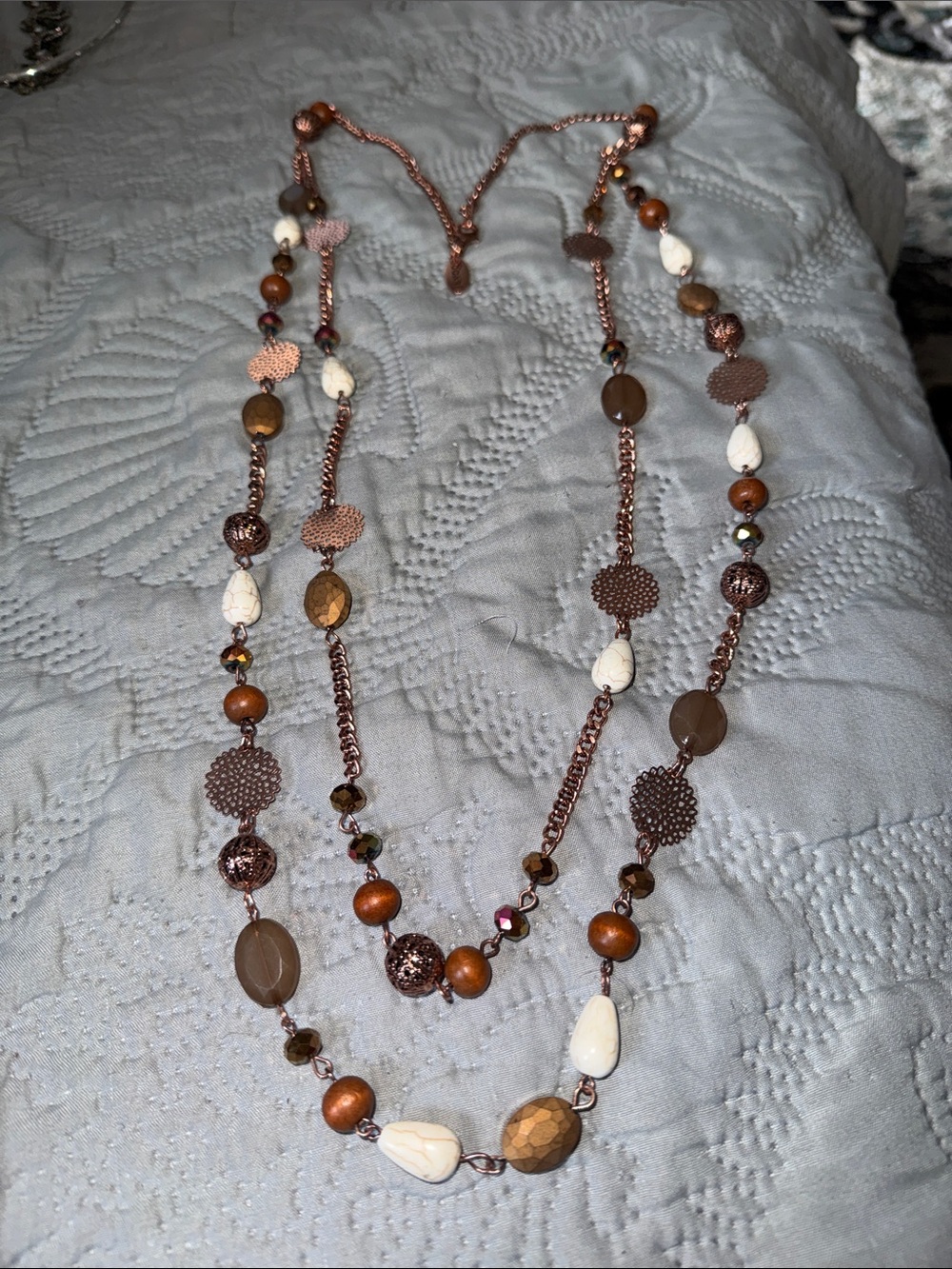 Women's Layered Brown & Cream Beaded Necklace with Copper Accents